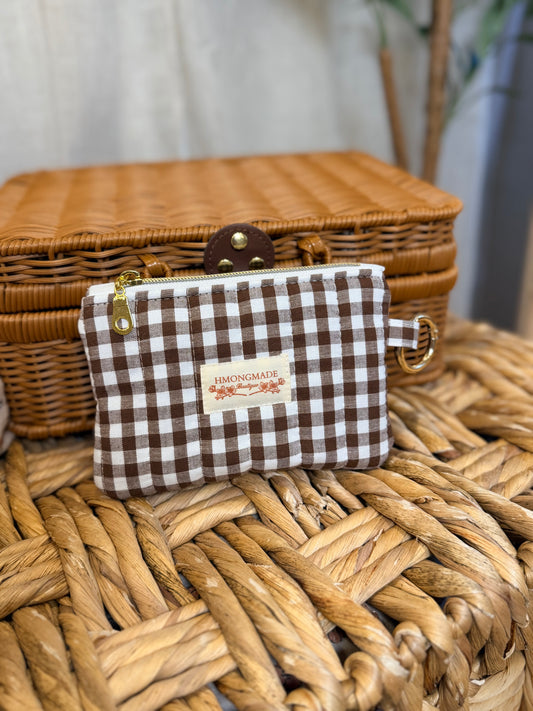 Coin Pouch: Brown Gingham with Gold Clasp