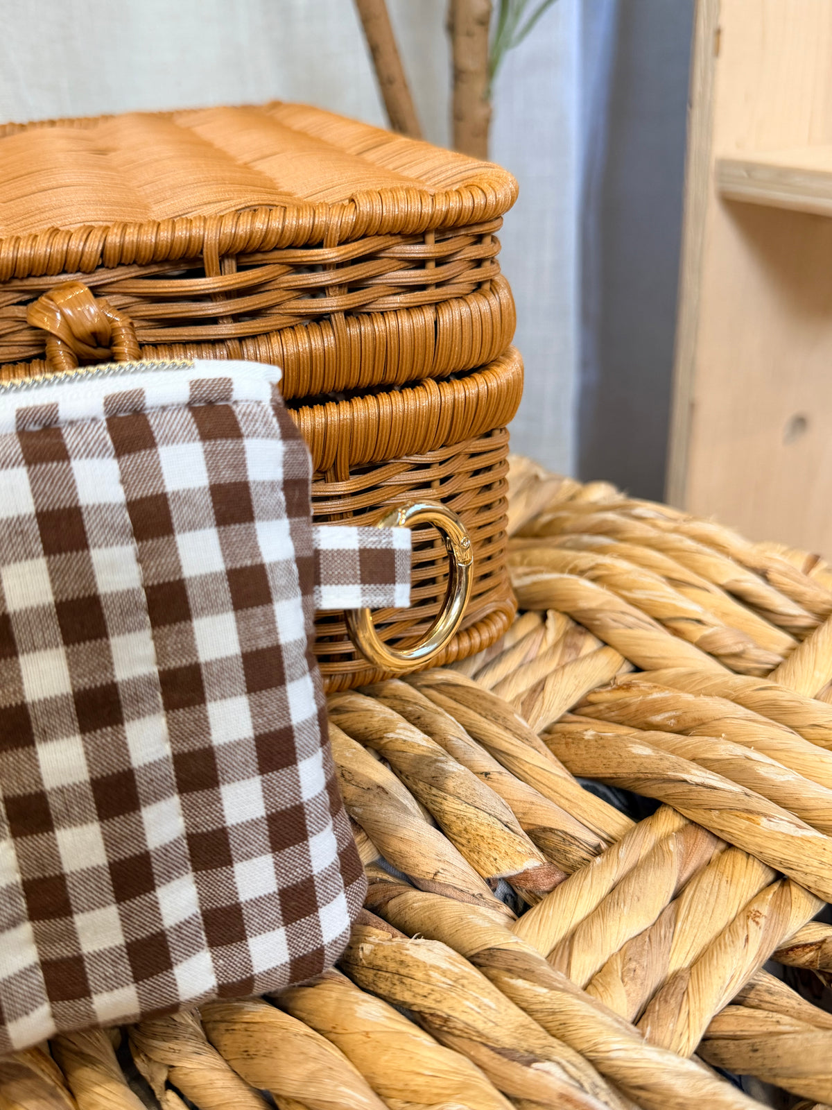 Coin Pouch: Brown Gingham with Gold Clasp