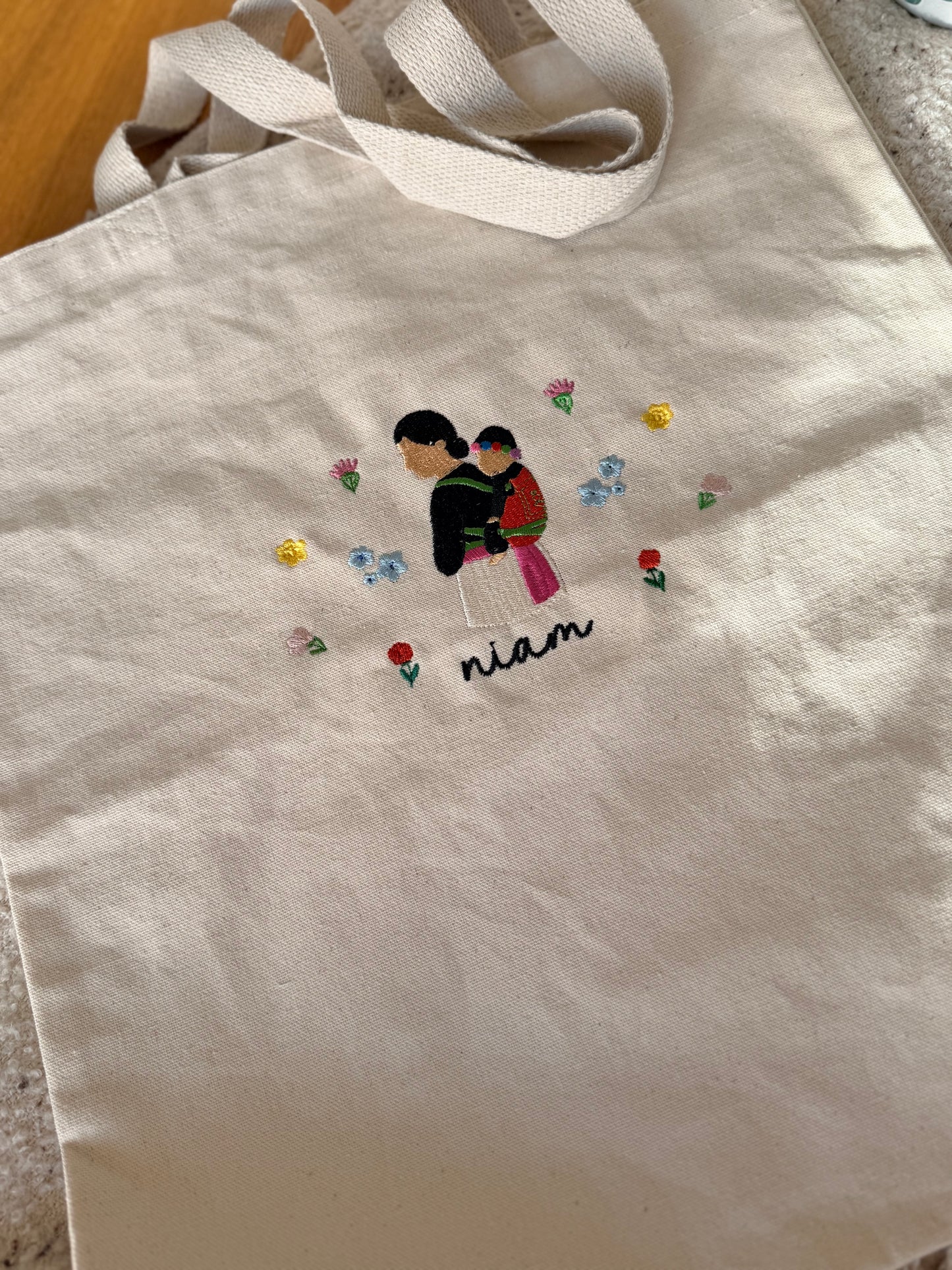 Hmong Mother & Child Embroidered Tote | Personalized Floral Canvas/Demin Bag
