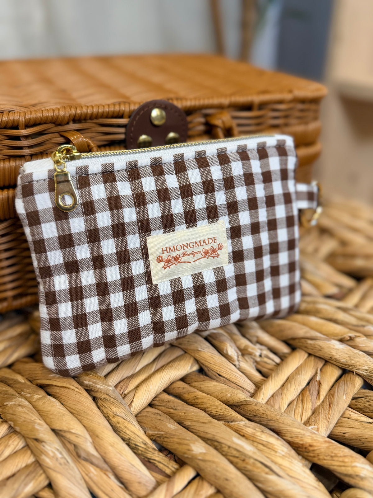 Coin Pouch: Brown Gingham with Gold Clasp