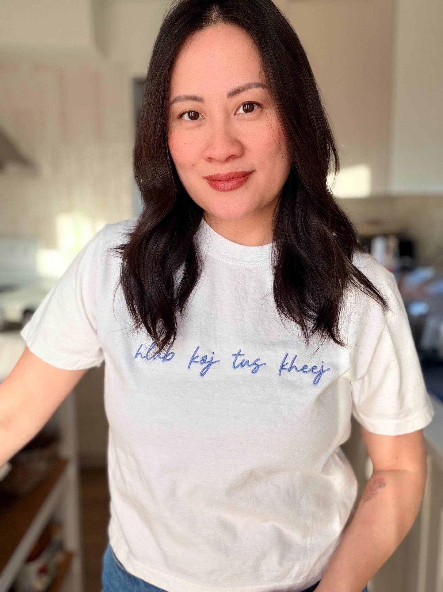 Hmong Phrase Embroidered Tee | “hlub koj tus kheej” | Custom Color + Thread