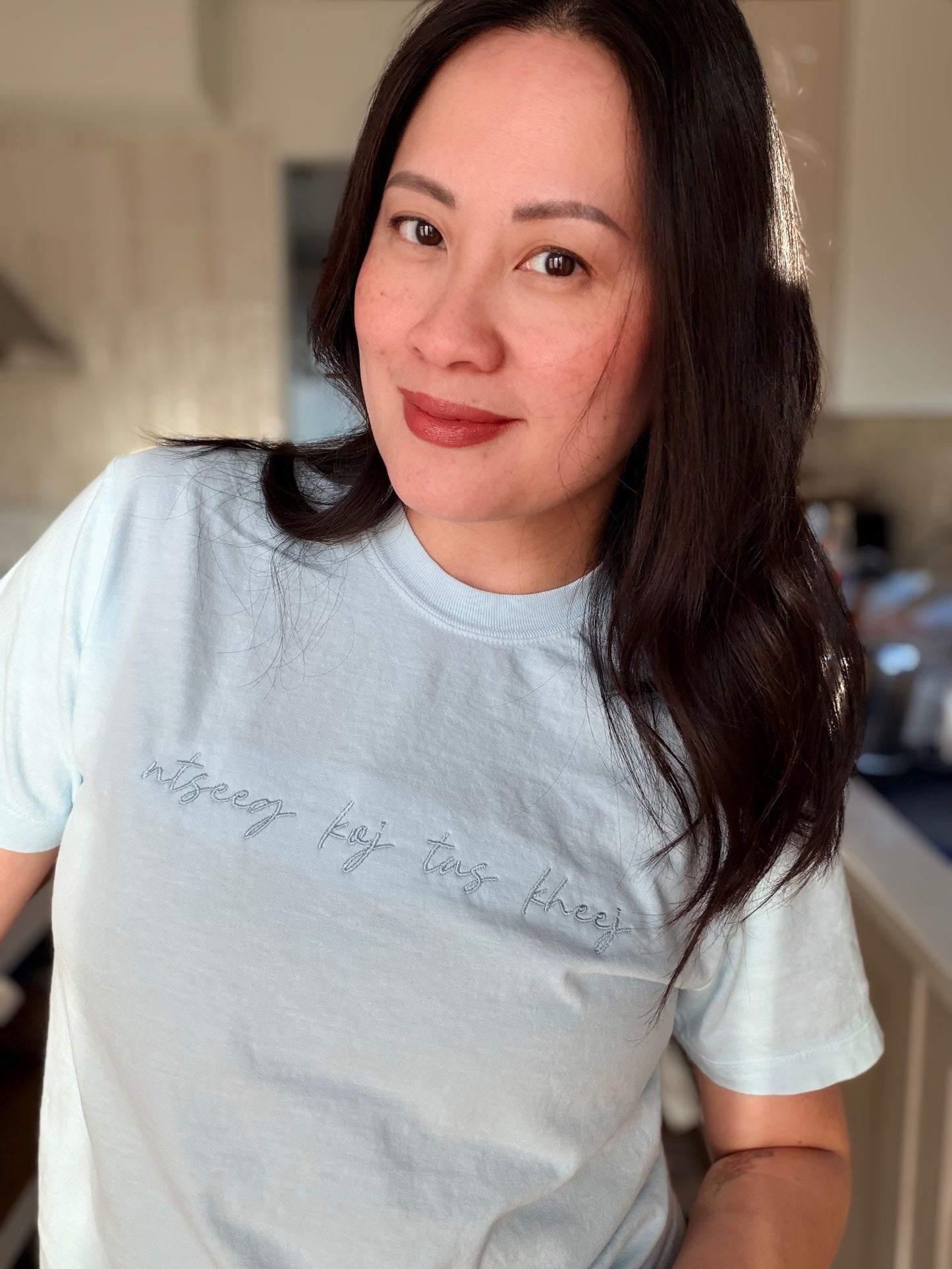 Monochrome Hmong Phrase Embroidered Tee  - ntseeg koj tus kheej