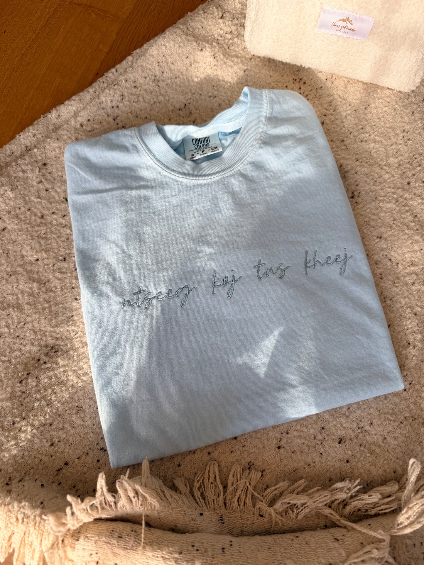 Monochrome Hmong Phrase Embroidered Tee  - ntseeg koj tus kheej