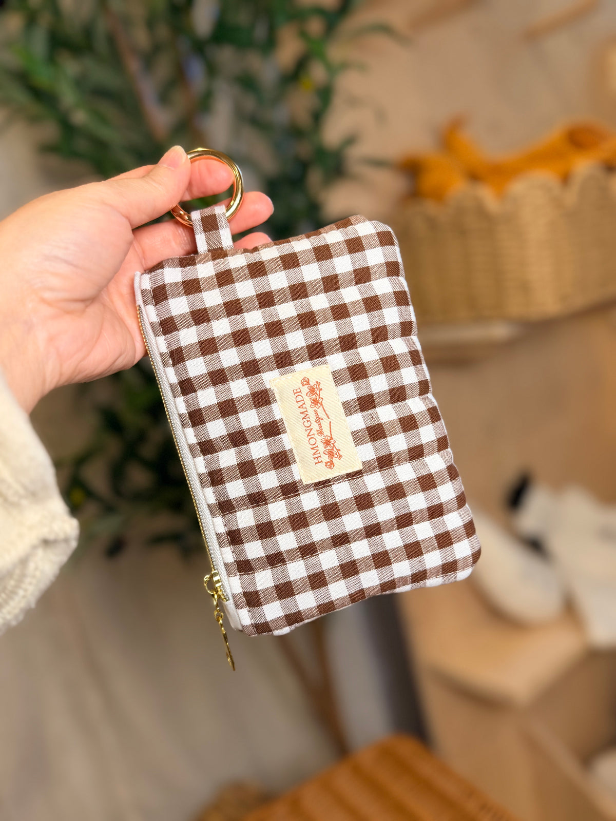 Coin Pouch: Brown Gingham with Gold Clasp