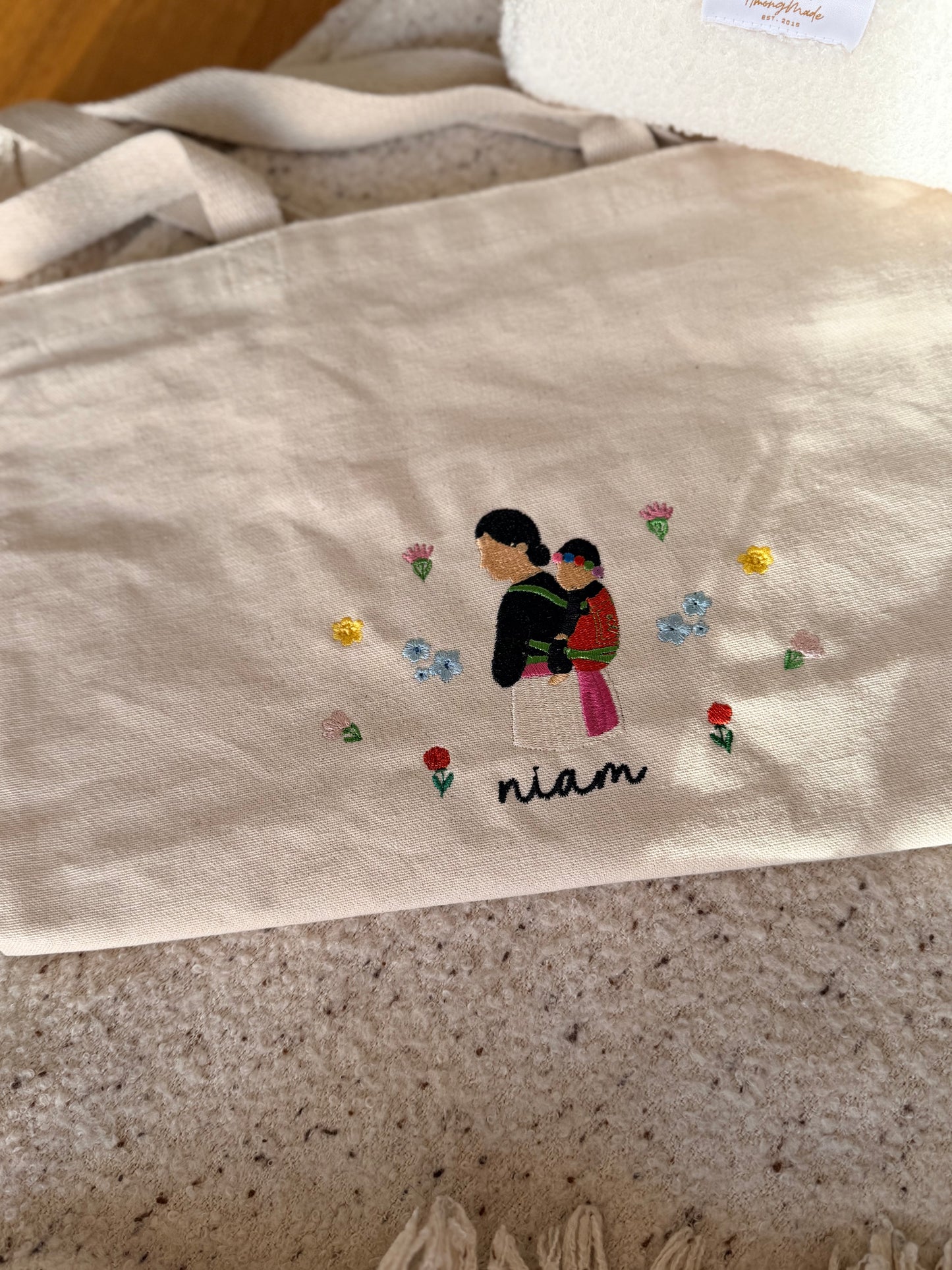 Hmong Mother & Child Embroidered Tote | Personalized Floral Canvas/Demin Bag