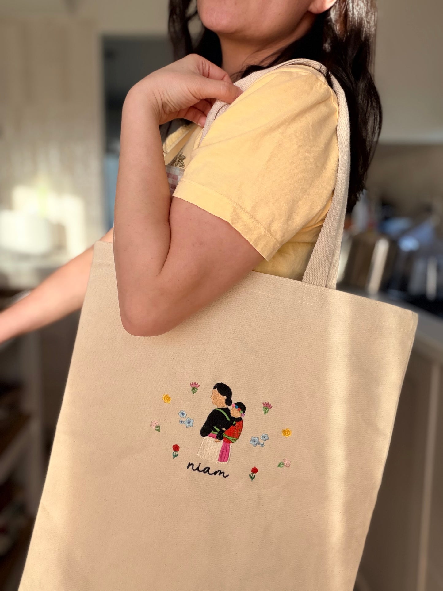 Hmong Mother & Child Embroidered Tote | Personalized Floral Canvas/Demin Bag