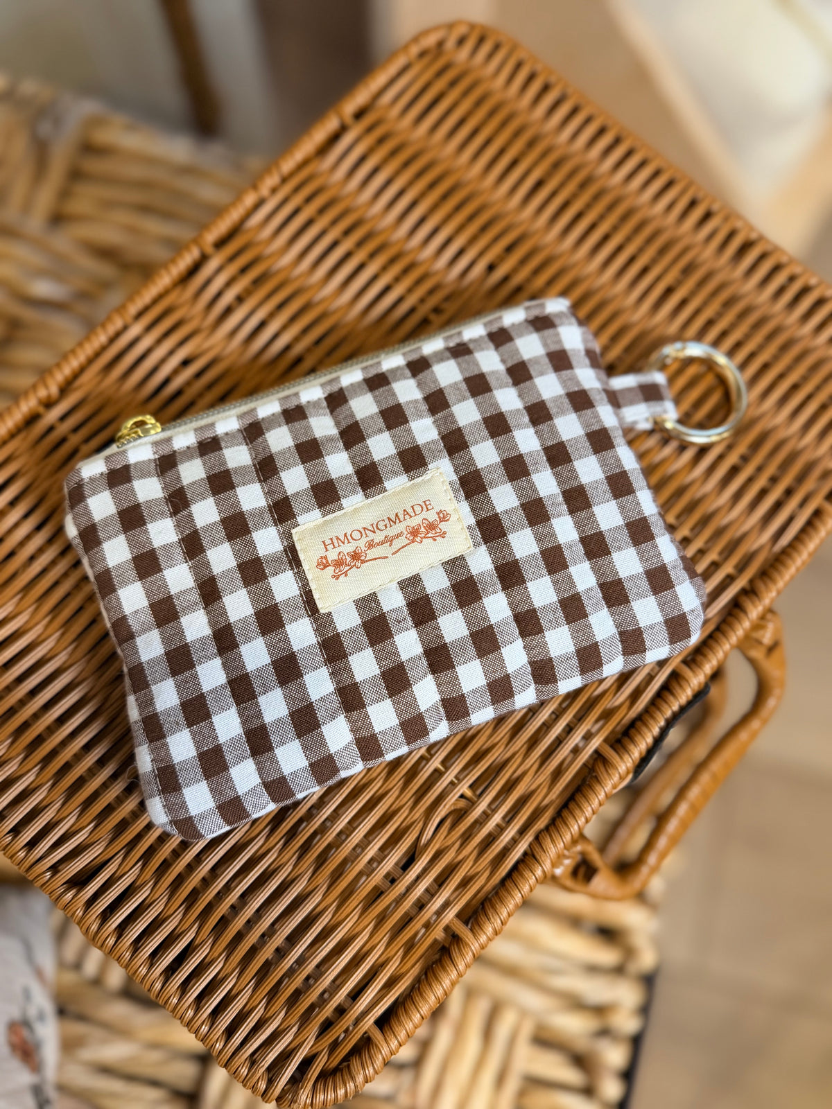 Coin Pouch: Brown Gingham with Gold Clasp
