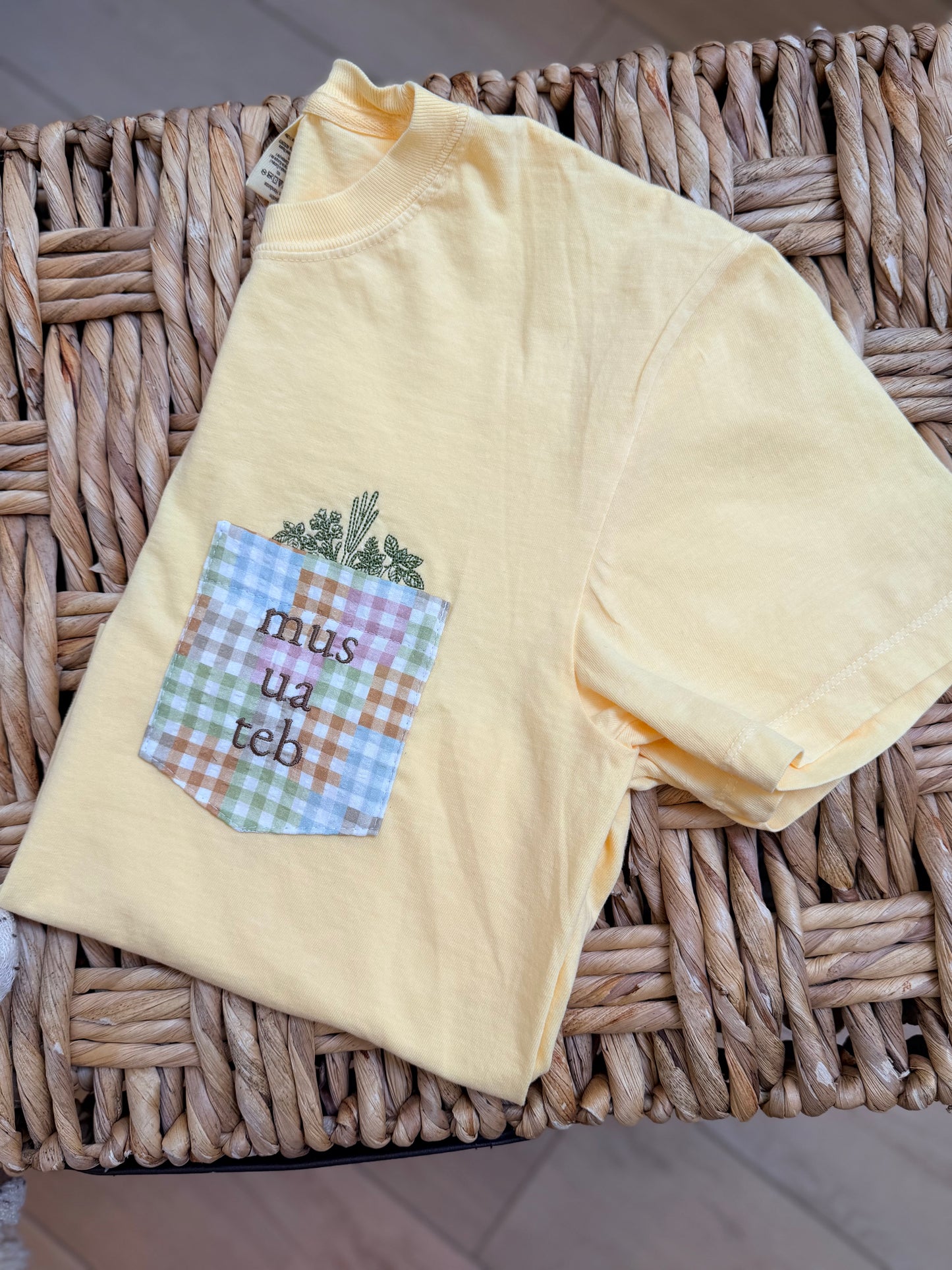 Garden Pocket Tee – Mix & Match Custom Shirt- Floral Pocket T-Shirt | “mus ua teb” Embroidered | Cottage Garden Aesthetic