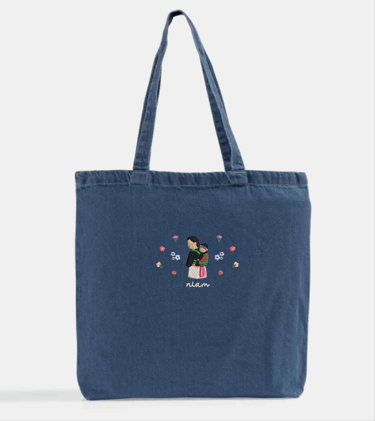 Hmong Mother & Child Embroidered Tote | Personalized Floral Canvas/Demin Bag