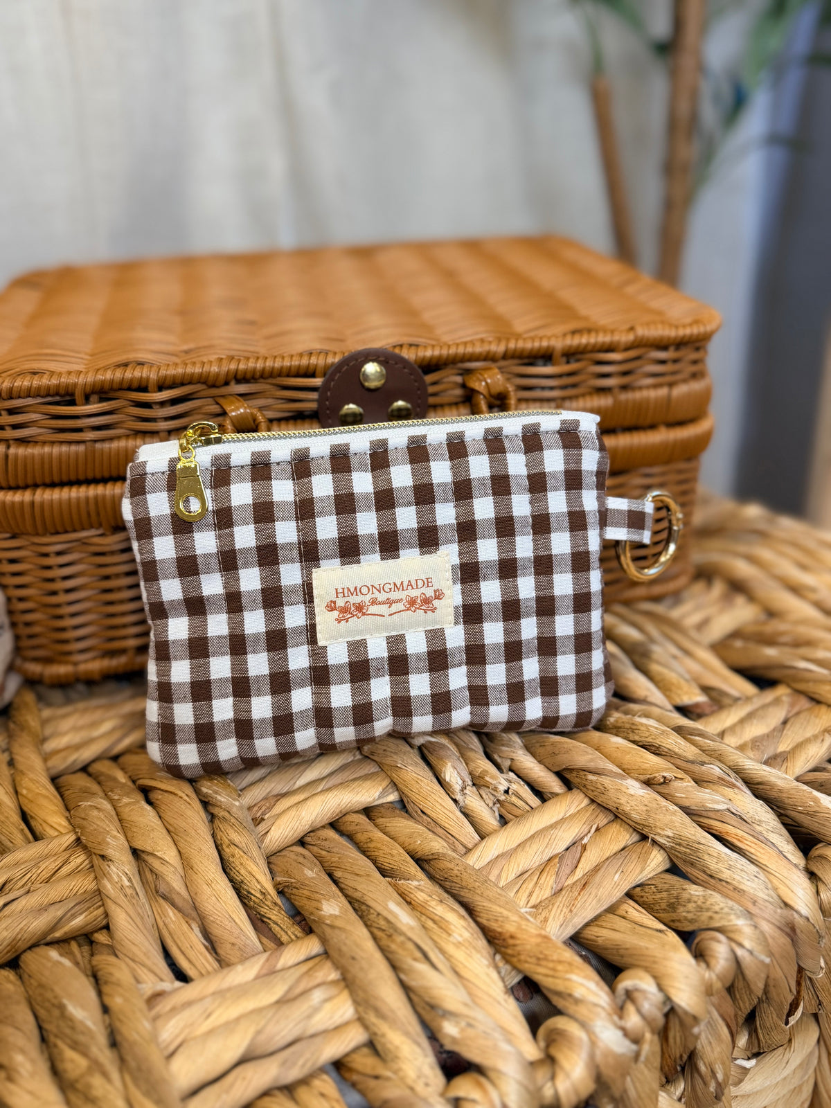 Coin Pouch: Brown Gingham with Gold Clasp