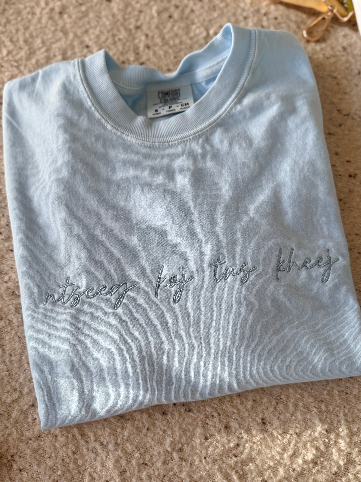 Monochrome Hmong Phrase Embroidered Tee  - ntseeg koj tus kheej