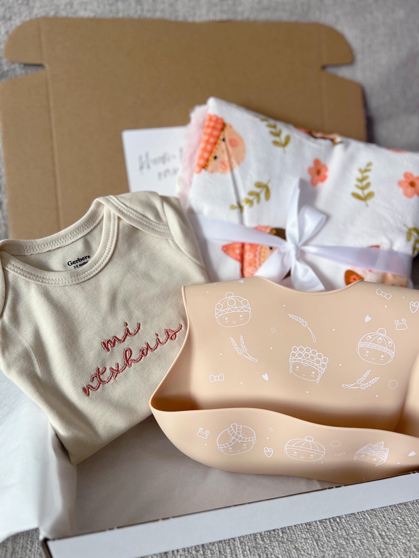 Mi Ntxhais (daughter) blanket, infant bodysuit, and bib gift box