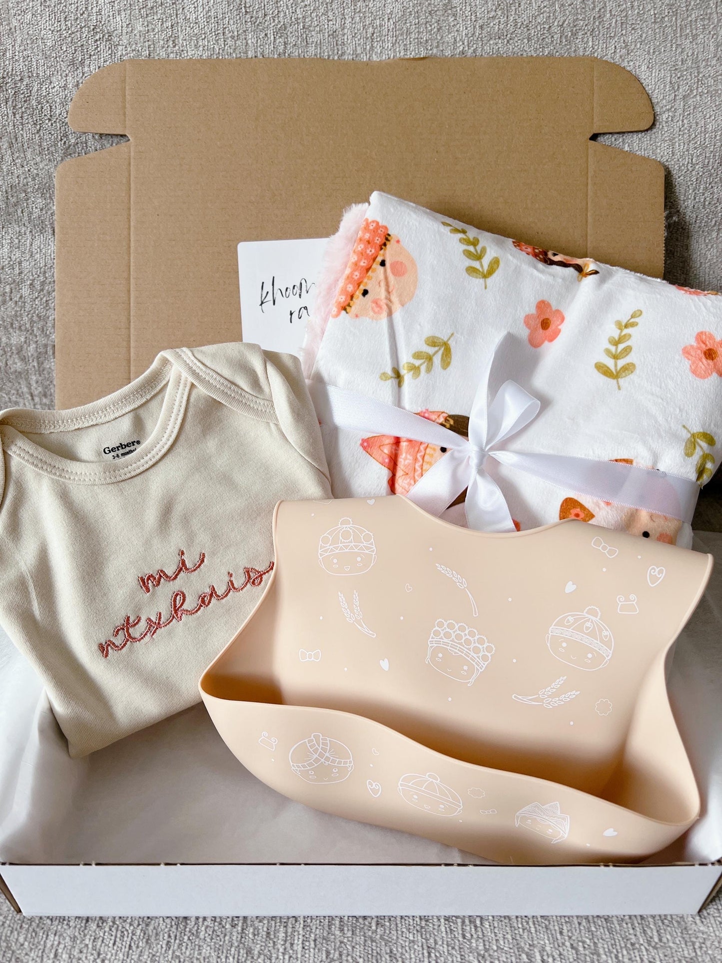Mi Ntxhais (daughter) blanket, infant bodysuit, and bib gift box