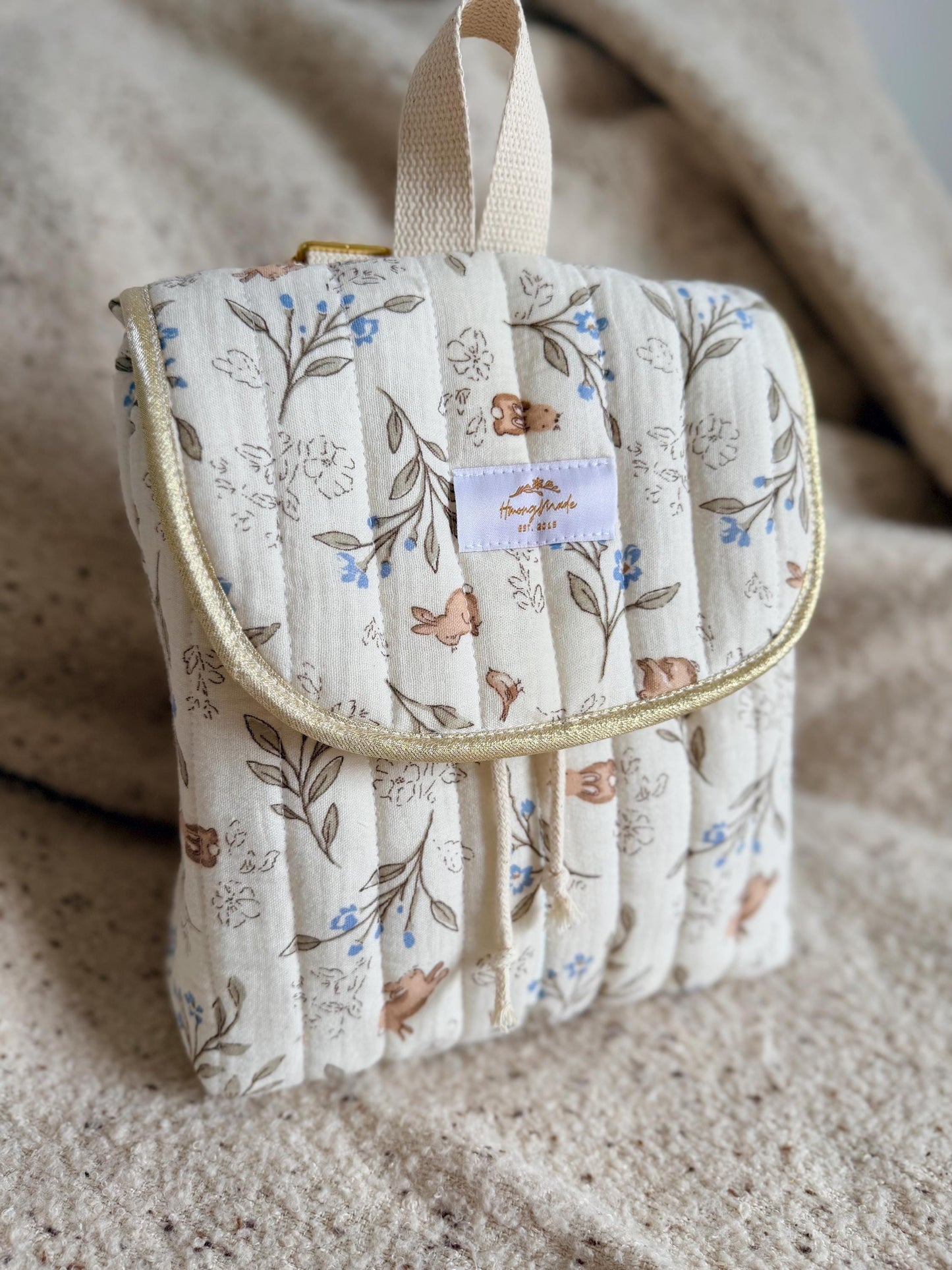 Mini Children’s Backpack – Quilted Double Gauze, Personalizable - Bunny Fabric