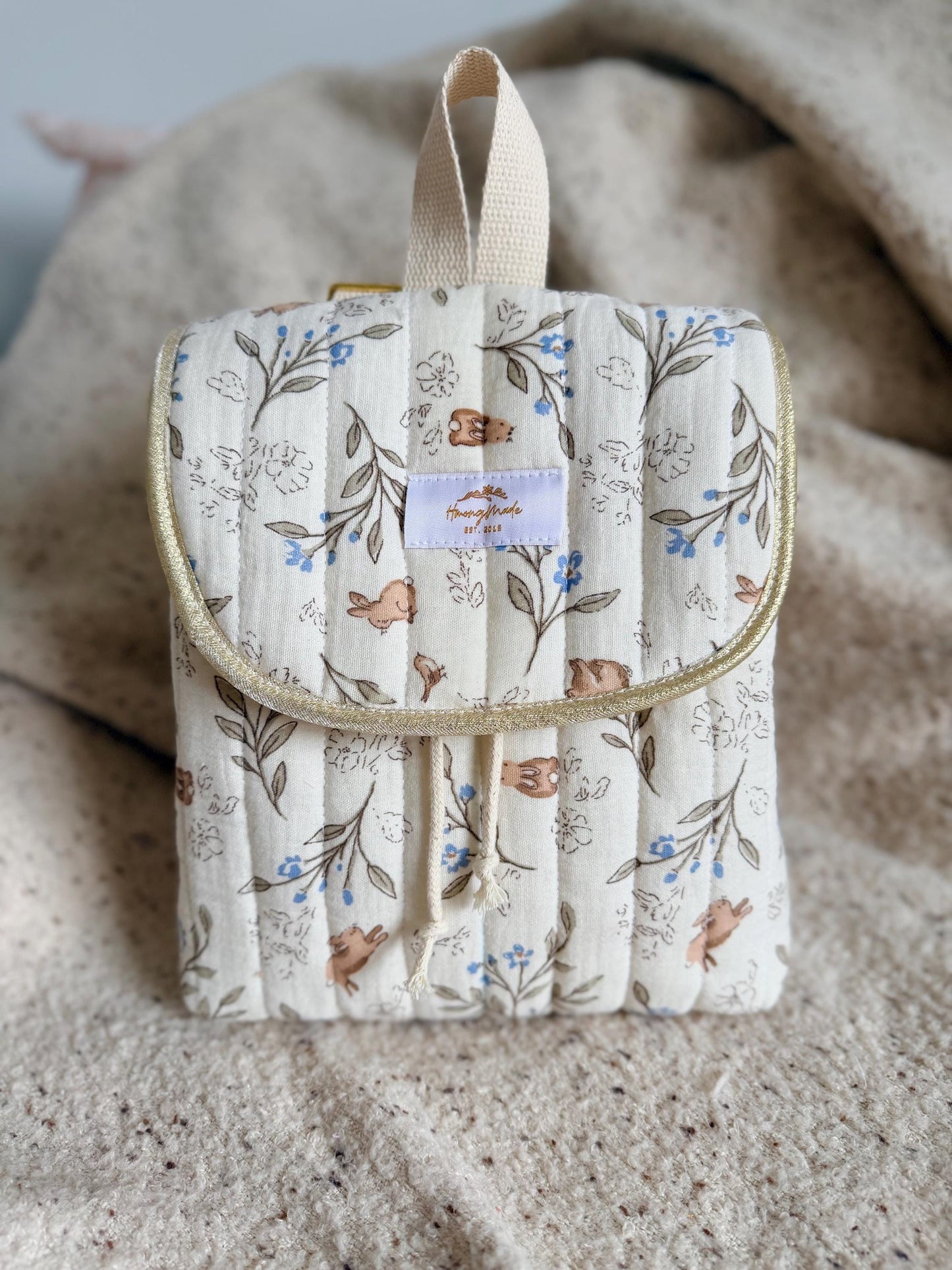 Mini Children’s Backpack – Quilted Double Gauze, Personalizable - Bunny Fabric