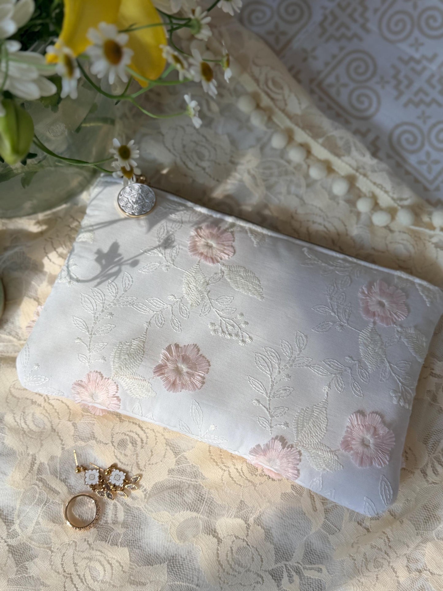 Wedding Flat Pouch: Hmong Zipper Pull or Classic Zipper Pull (Pink Flowers)