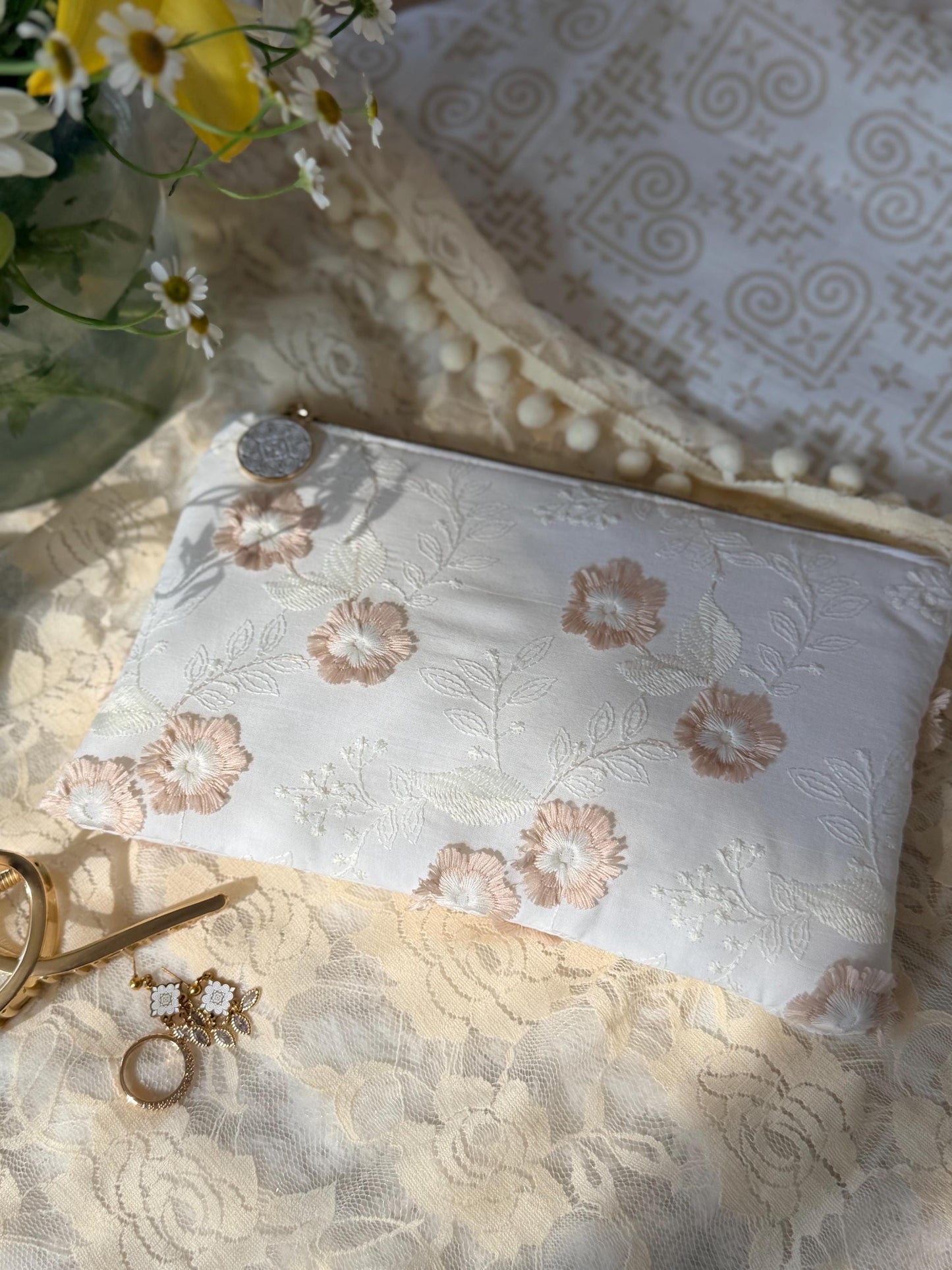 Wedding Flat Pouch: Hmong Zipper Pull or Classic Zipper Pull (Beige Flowers)