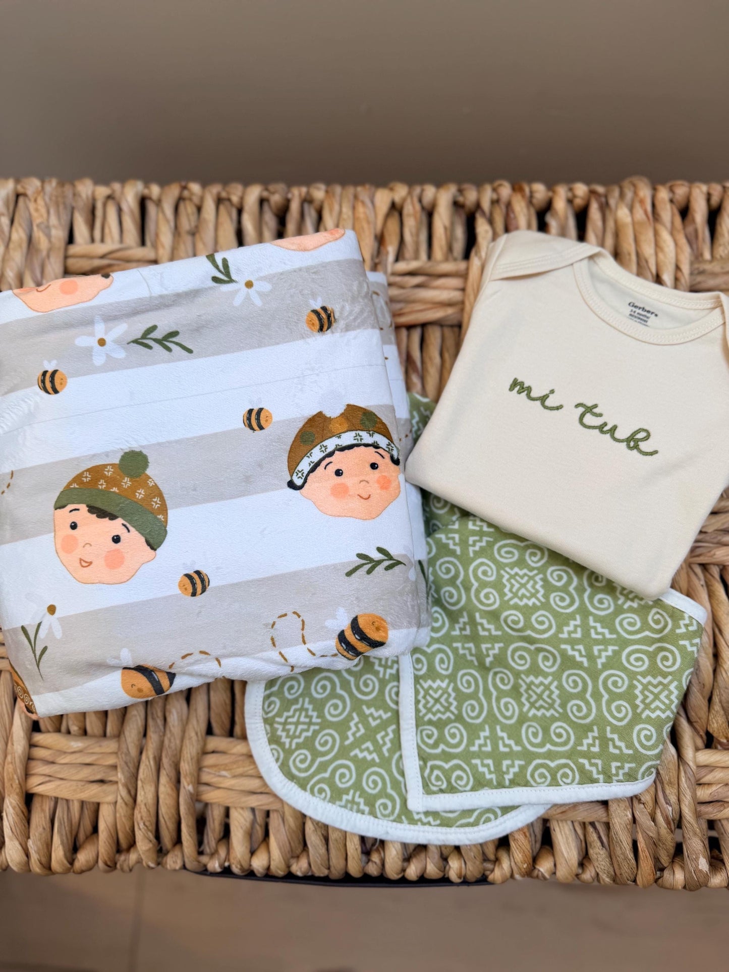 Mi Tub  (son) blanket, infant bodysuit, and bib gift box
