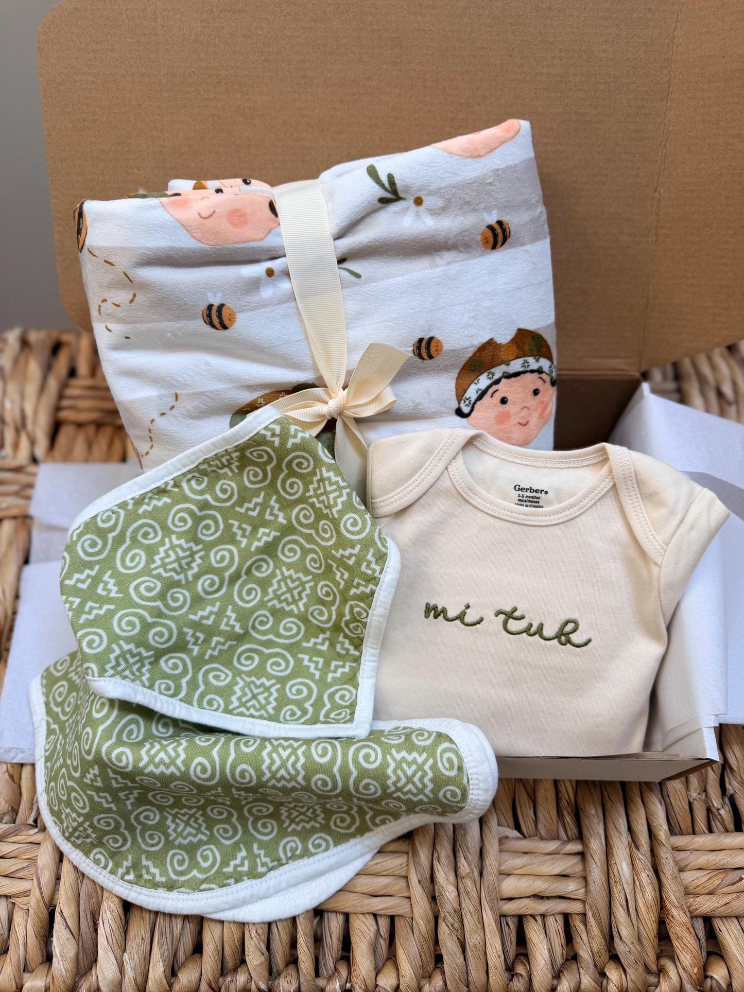 Mi Tub  (son) blanket, infant bodysuit, and bib gift box