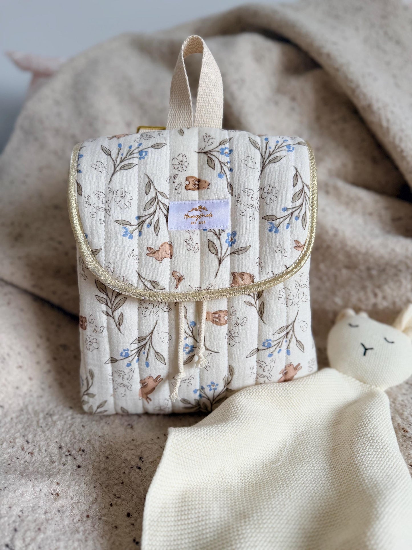 Mini Children’s Backpack – Quilted Double Gauze, Personalizable - Bunny Fabric